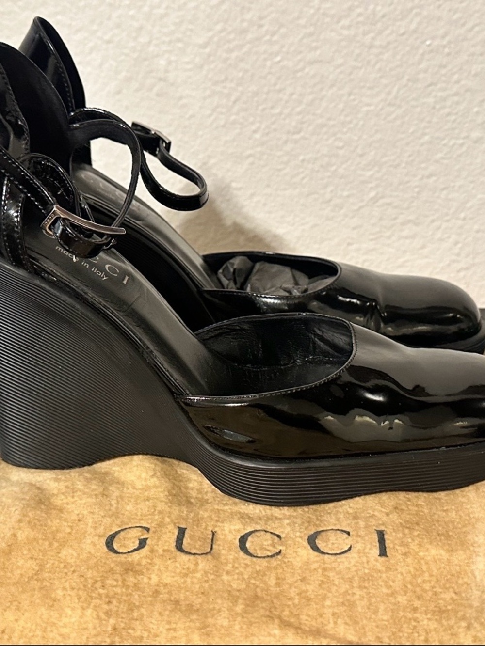 Gucci Black Patent Leather Wedge Mary-Ankle Strap Shoes